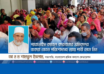 প্যারাডাইস ক্যাবল কারখানার শ্রমিকদের বকেয়া বেতন পরিশোধসহ ন্যায্য দাবী মেনে নিন -আ ন ম শামসুল ইসলাম